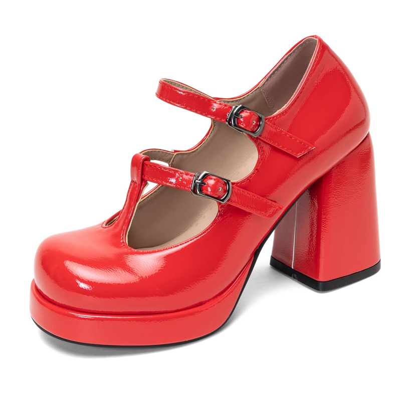 Pump Heel Block - レトロな光沢のある女性用パンプス、ラウンドトゥ、9.5cmブロックヒール、2cmプラットフォーム、バックルTストラップ、スイートメリージェーンシューズ、サイズ44・45、秋向け
