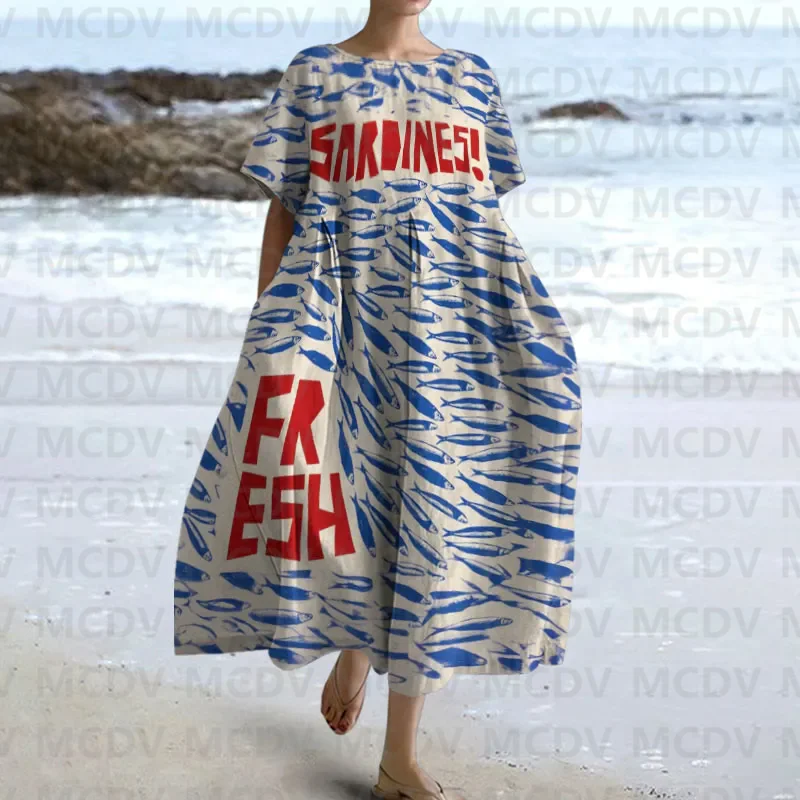 Midi Dress - 女性の日本のヴィンテージフィッシュアートプリントミディドレス、カジュアル