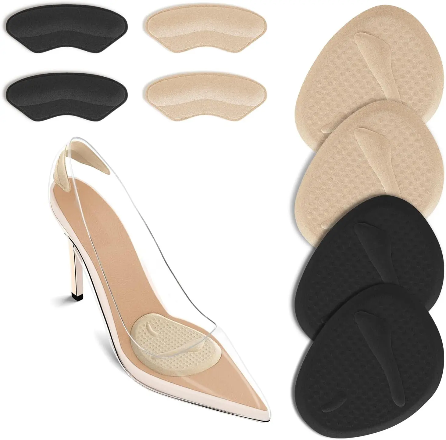 Womens Heels - 2セットのヒールパッド、足裏クッション、中足骨パッド、女性用靴インサート、一日中足の痛みを緩和、極上の快適さ、もう痛みなし（ベージュ＆ブラック）