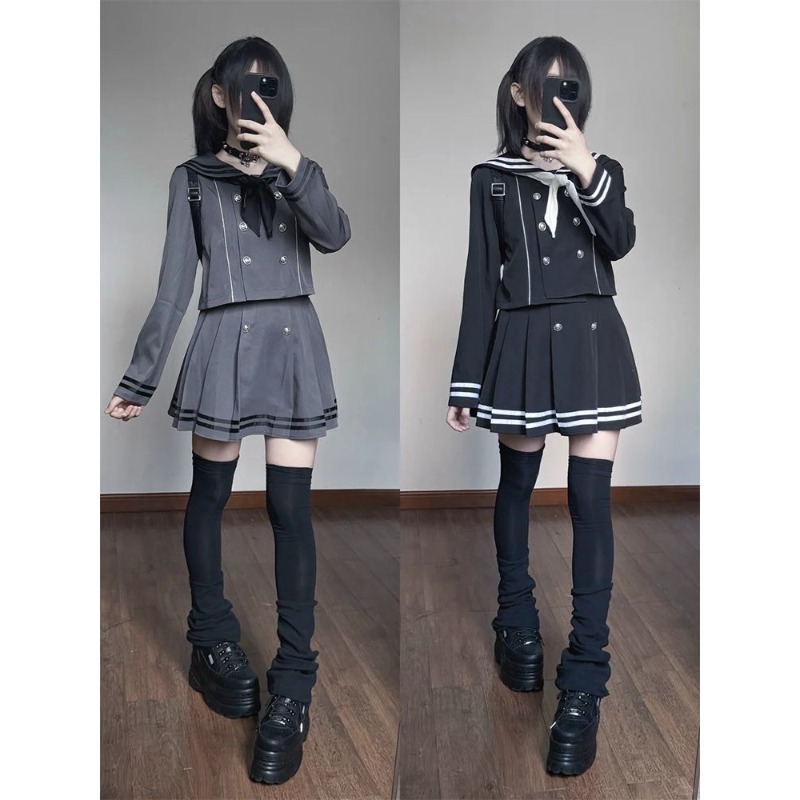 Formal Skirt - 日本のサブカルチャーレトロコスプレ衣装セーラー JK 制服 Y2k トップスミニプリーツスカートスーツ女性のためのエレガントな 2