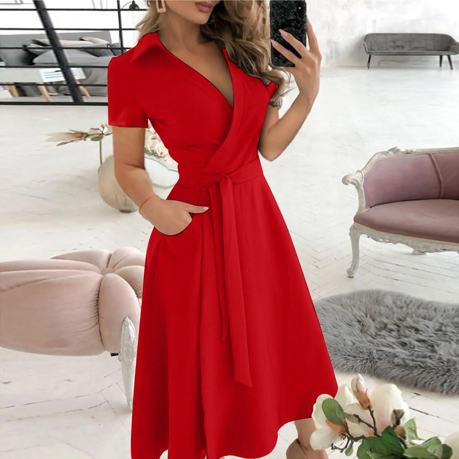 女性の長袖シャーリングオフィスドレス,Vネックのヒップドレス - Women'S Red Formal Wear のレビューと価格