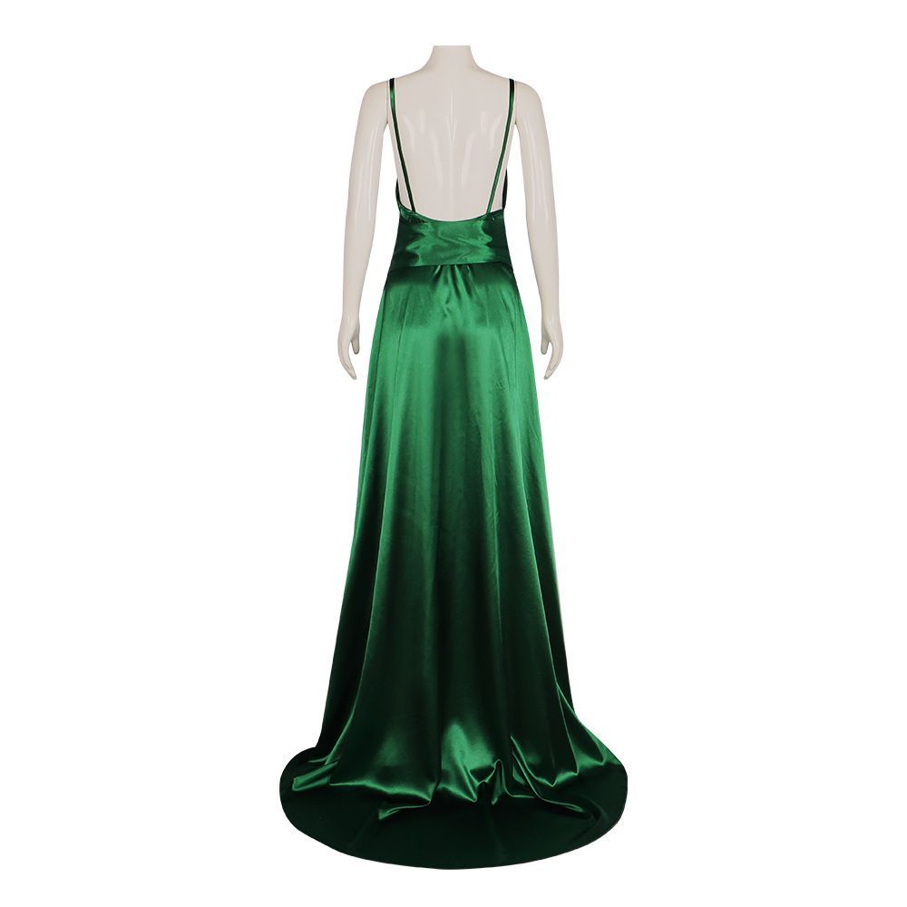 エメラルドサテンのキャミソールドレス。Vネックで背中が大胆に - Evening Gown のレビューと価格