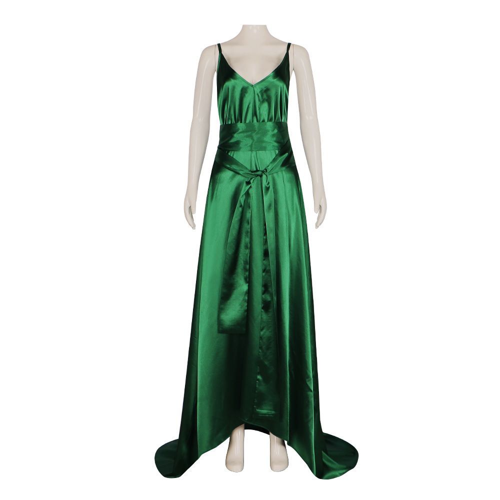 エメラルドサテンのキャミソールドレス。Vネックで背中が大胆に - Evening Gown のレビューと価格