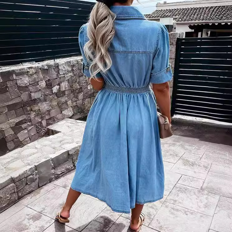 レディースライトウォッシュデニムシャツドレス、半袖ボタンダウ - Midi Dress のレビューと価格
