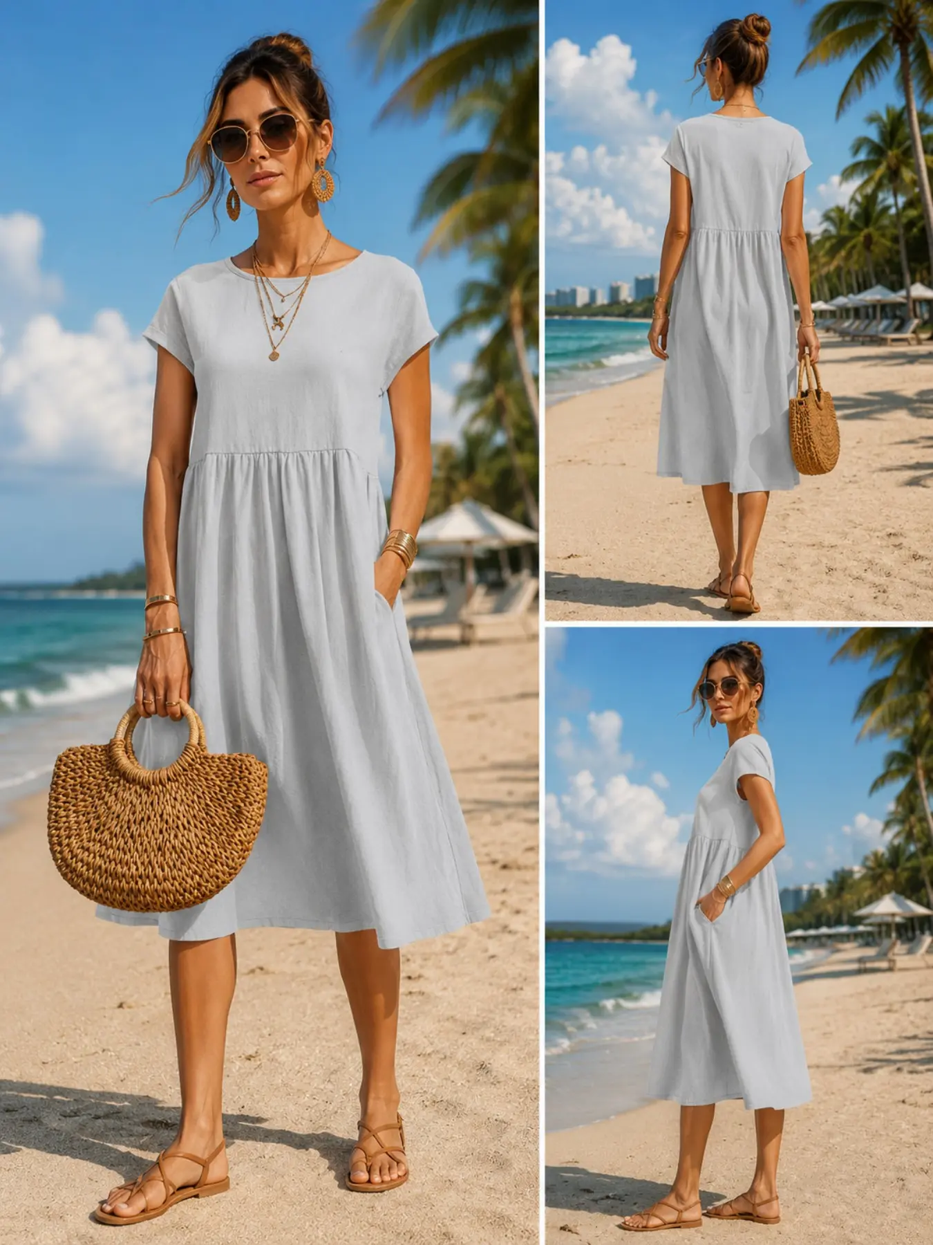 女性用、カジュアルなミディ丈ワンピース。ポケット付き、ゆった - Midi Dress のレビューと価格