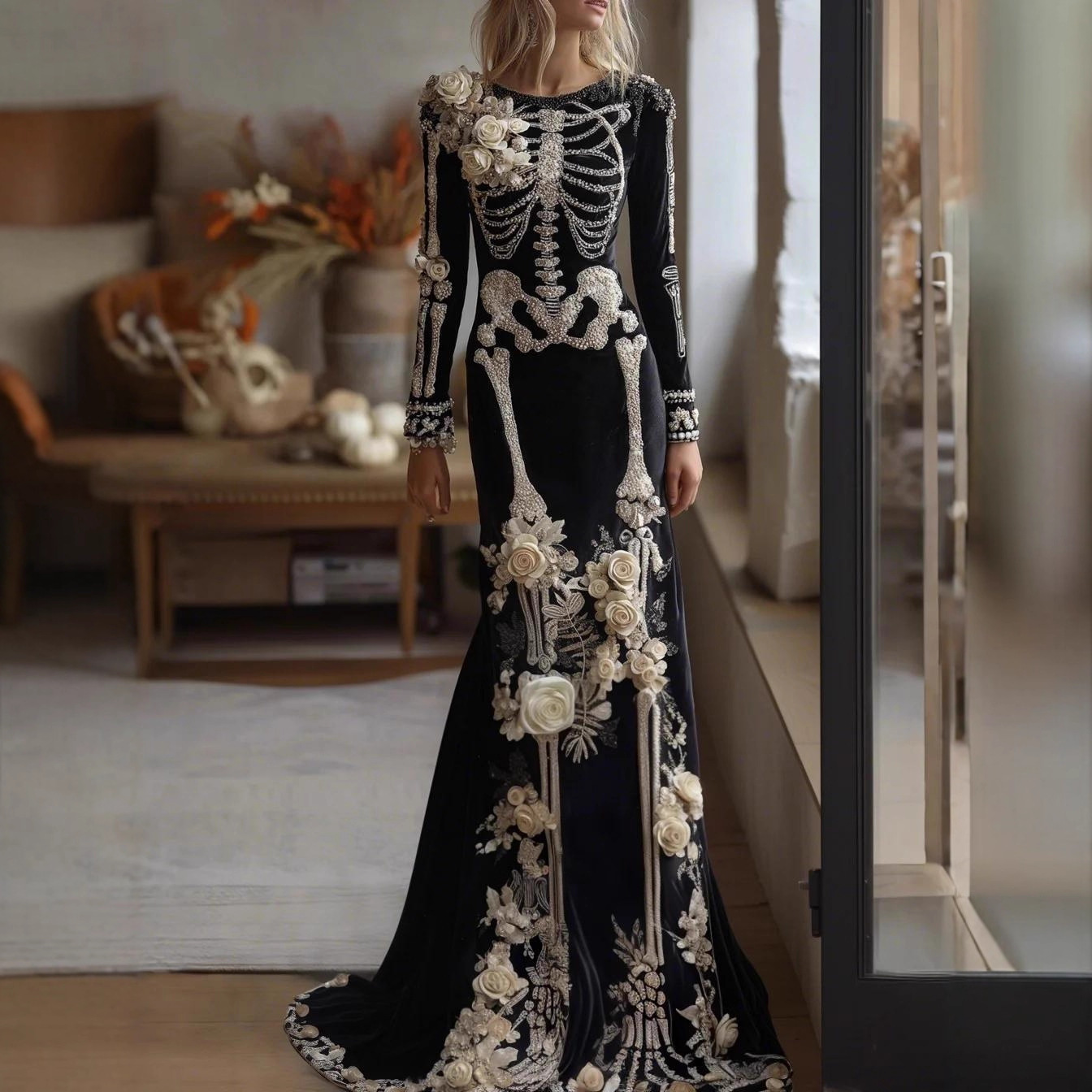 2026年新作、女性用、スケルトン柄と花柄の組み合わせ、人魚 - Evening Gown のレビューと価格